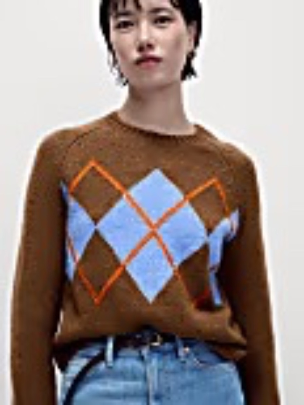 Marks & Spencer Argyle Crew Neck Sweater With Wool Brown Blue M